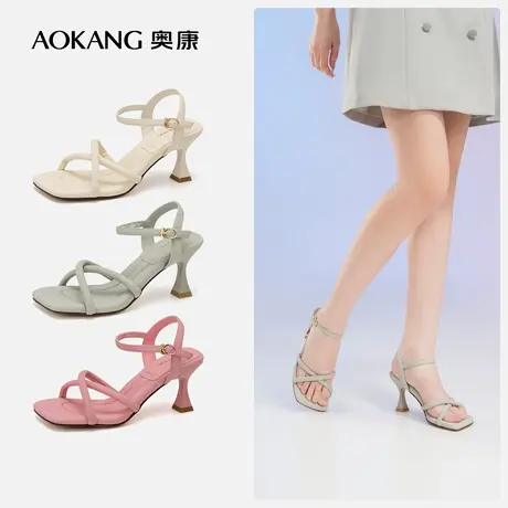 奥康女鞋 夏季新款简约马卡龙色一字扣带时装凉鞋时尚高跟鞋图片