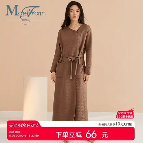 曼妮芬棉质生活舒适家居服长款全棉针织圆领系带开襟长袖睡袍女商品大图