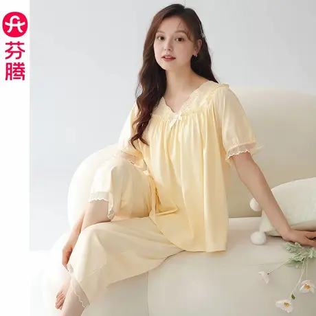 芬腾睡衣女夏季纯棉短袖七分裤套装薄款透气女款休闲加大码家居服商品大图