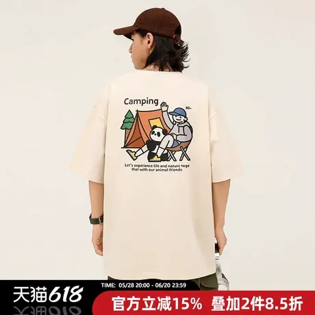 日韩INS超火户外露营插画系列短袖T恤宽松圆领全棉夏季情侣款TEE图片