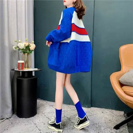 2022年春季新款毛衣外套女拉链加厚条纹大口袋宽松慵懒风针织开衫商品大图