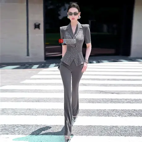 VJE夏季欧美蕾丝花边拼接西服套装2025新款外套高腰喇叭裤两件套图片