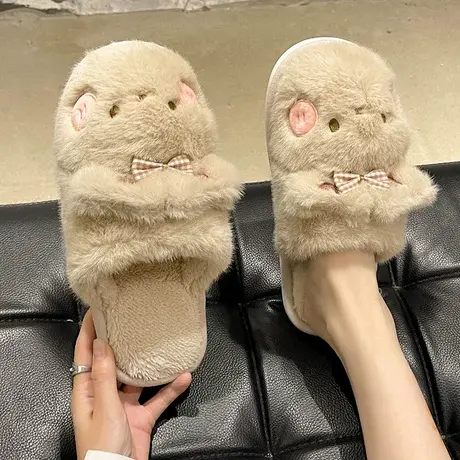 毛绒棉拖鞋女款秋冬季可爱兔子室内居家软底防滑包头保暖毛毛拖鞋商品大图