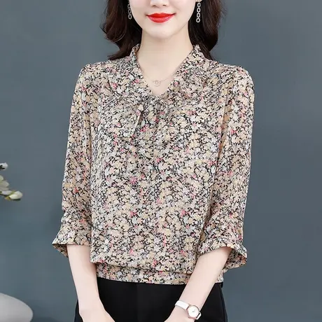 雪纺衬衫碎花七分袖女装2023年夏季新款遮肚小衫洋气别致宽松上衣商品大图