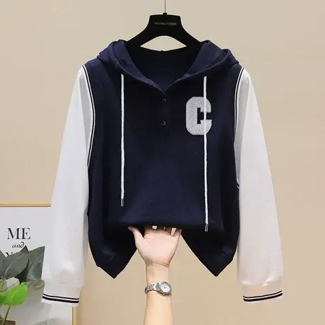 欧货拼色连帽卫衣女2023秋新款时尚设计感bf慵懒风外套假两件上衣图片
