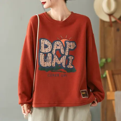 dza 复古宽松休闲纯棉卫衣女士春秋新款圆领套头长袖外套运动上衣商品大图