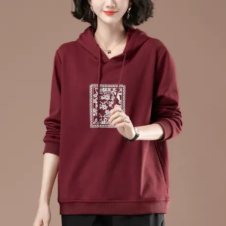 连帽卫衣女秋冬加肥加大码女装宽松中年妈妈休闲百搭刺绣套头上衣商品大图