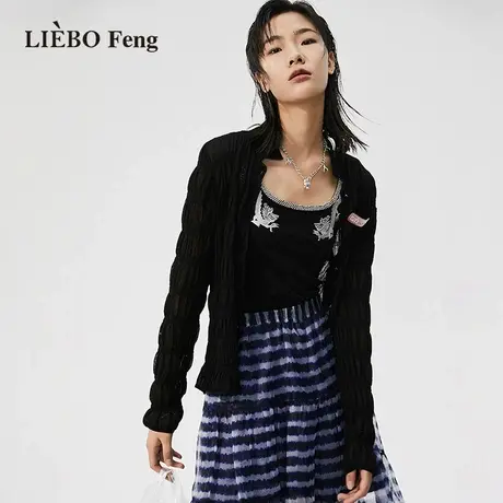 裂帛LIEBOFeng设计师品牌2023年国潮刺绣黑色轻薄针织开衫空调衫商品大图