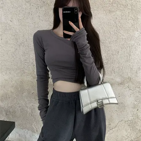 2023新款早秋小个子短款内搭上衣打底衫春秋冬白色修身长袖t恤女商品大图