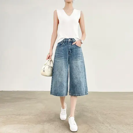 六七分阔腿牛仔短裤女夏季薄款2025高腰显瘦蓝色复古百搭宽松直筒商品大图