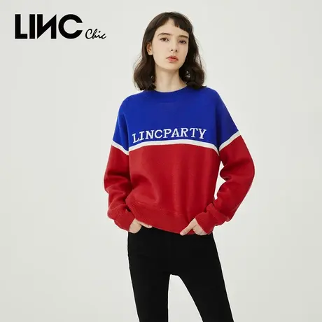 LINC金羽杰秋冬新款毛衣复古学院撞色时尚潮流套头毛衣女931115图片