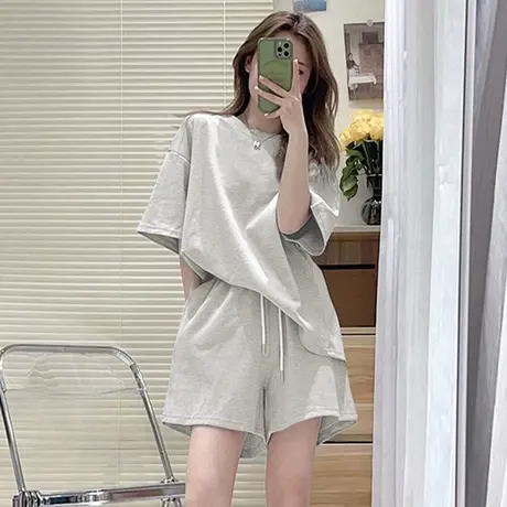 休闲运动套装女夏季薄款宽松显瘦盐系港风时尚百搭短袖短裤两件套商品大图