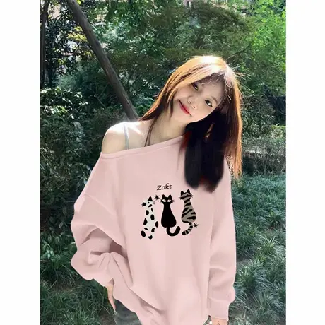 猫咪印花宽松套头休闲斜领露肩卫衣女2025秋季美式小众粉色上衣潮商品大图