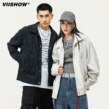 VIISHOW机能风轻薄立领褶皱印花夹克秋季情侣款宽松休闲运动外套商品大图