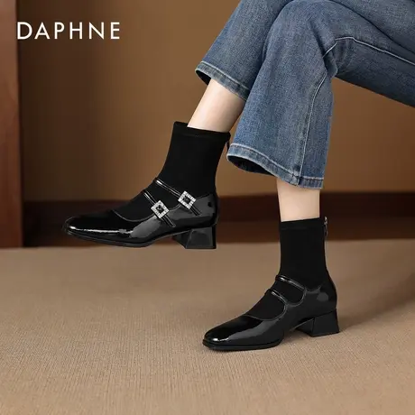 达芙妮高跟短靴女2026新款秋冬季方头粗跟瘦瘦靴弹力袜靴马丁靴子图片