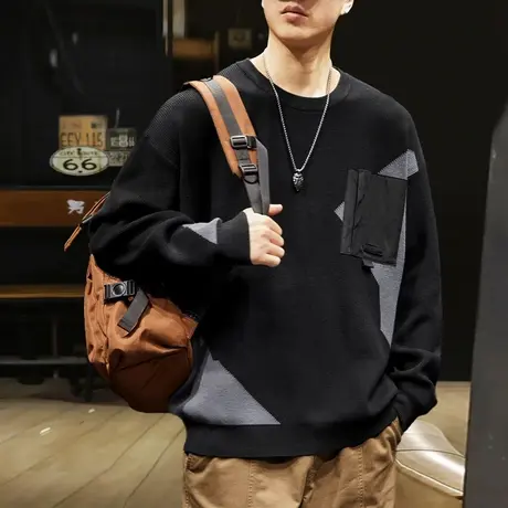 唐狮秋冬新款男士圆领毛衣撞色拼接复古港风休闲男装毛衫潮流TD商品大图