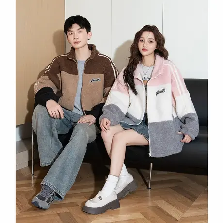 唐狮春季新款情侣外套女立领拼接短款流行仿羔毛厚上衣休闲TD图片