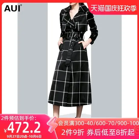 AUI欧洲站格子中长款风衣女2023年春秋新款欧货御姐气质修身大衣图片
