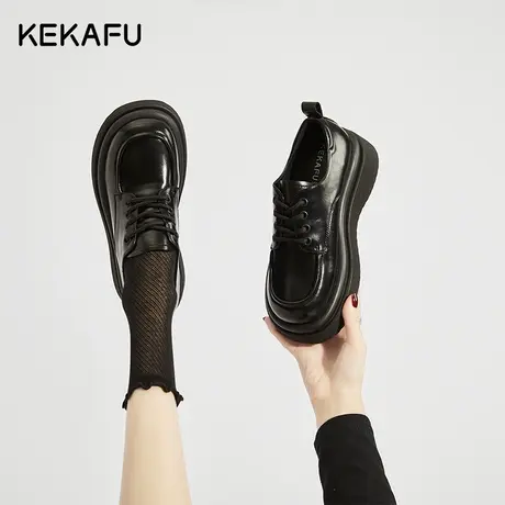 珂卡芙黑色厚底小皮鞋女2023新款英伦松糕鞋学院风乐福鞋秋季单鞋商品大图