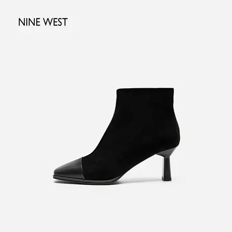 Nine West/玖熙拼接加绒短靴2023年冬季新款方头皮革几何跟时装靴图片