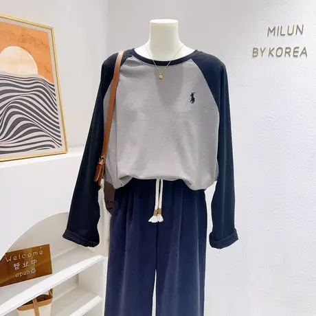 韩国东大门加绒上衣~秋冬新款chic拼色长袖德绒T恤打底衫大码欧货图片