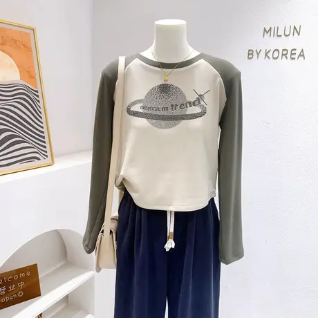 小个子甜酷辣修身上衣韩代款双面绒加德绒水钻正肩拼色长袖打底衫商品大图