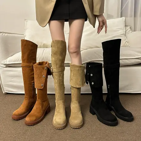 过膝靴女2023年春秋季新款网红ins小个子百搭靴子粗跟高跟骑士靴商品大图