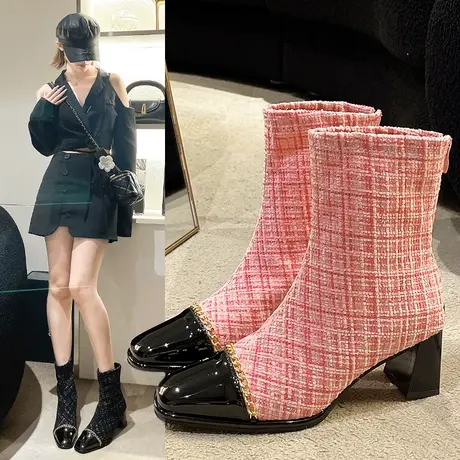 小香风短靴女2023年新款法式高跟鞋粗跟韩版百搭马丁靴女靴子单靴商品大图