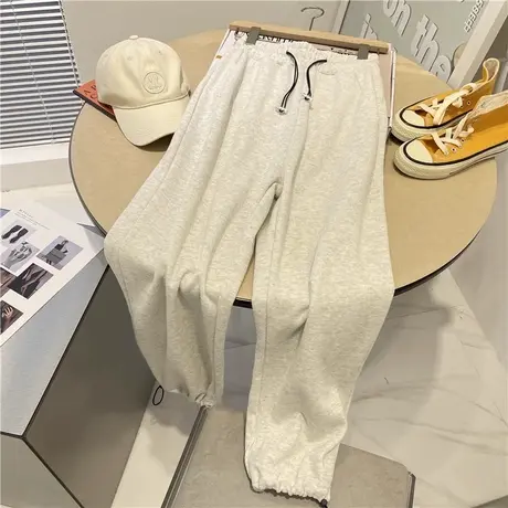 ins超火休闲运动阔腿裤女秋冬加绒加厚宽松高腰抽绳束脚哈伦长裤图片