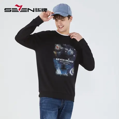 柒牌男士圆领卫衣时尚潮流星球宇宙印花2022秋季薄款黑色长袖上衣图片