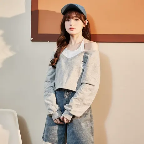 唐狮v领设计感卫衣春秋慵懒背带假两件卫衣女士外套小众ins风上衣图片