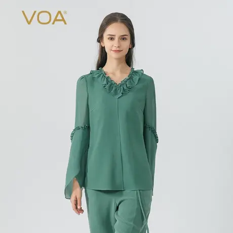 VOA碧绿色60姆米长空重磅桑蚕丝V领喇叭长袖宽松加捻纯真丝T恤衫图片