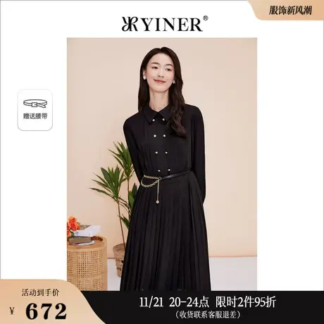 YINER音儿线上专选女装2023春季复古POLO领小黑裙系带收腰连衣裙图片