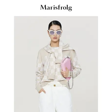 【纯羊毛针织衫】玛丝菲尔春装棋盘格复古开衫针织外套女商品大图