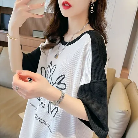 小众设计感短袖t恤女夏季韩版宽松大码女装中长款撞色上衣服潮商品大图