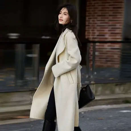 时尚双面呢大衣2023冬季新款女装翻领纯色百搭宽松韩版棉羊毛外套商品大图