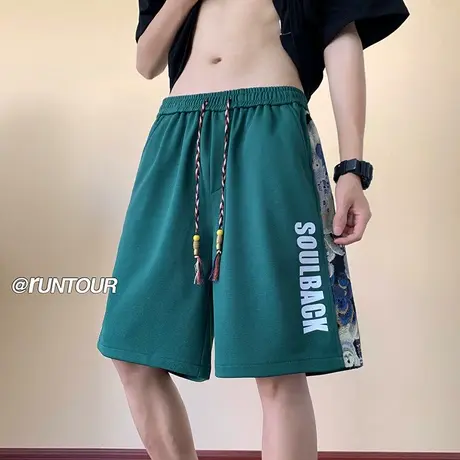 复古拼接小熊短裤男夏季美式hiphop青年运动五分休闲百搭高街中裤商品大图
