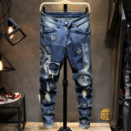 春夏款破洞牛仔裤男士裤子潮牌刺绣修身弹力小脚韩版潮流复古做旧商品大图
