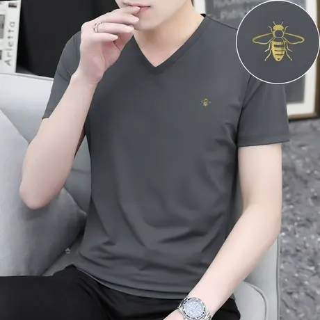 莫代尔冰丝t恤男士短袖V领潮流潮牌夏季冰感上衣服半袖打底衫体恤商品大图