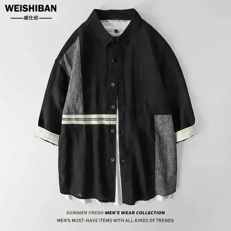 夏季亚麻衬衫男士高级感个性拼接棉麻短袖衬衣复古痞帅透气上衣商品大图