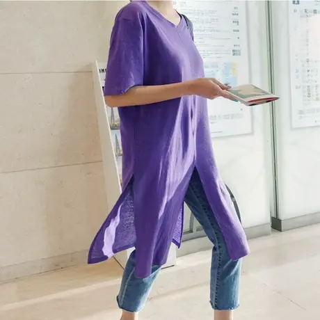 短袖女新款时尚韩版不规则中长款宽松大码t恤裙下摆多开叉上衣潮图片