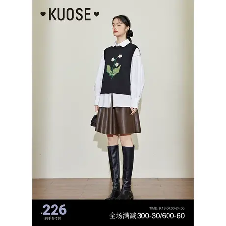 阔色黑色钩花马甲女2023秋冬新款开叉宽松套头圆领马夹无袖背心商品大图