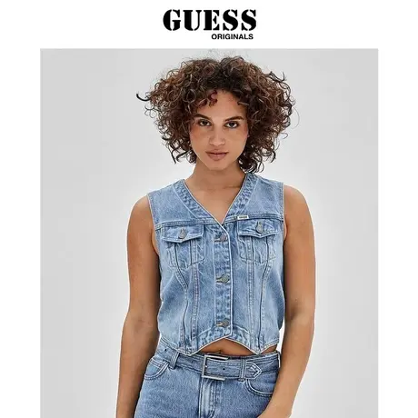 【38上新季】GUESS Originals  女短款V领显瘦复古蓝牛仔马甲图片