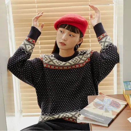 omont蛋挞家 复古百搭宽松圆领提花初恋毛衣女套头长袖针织衫上衣图片