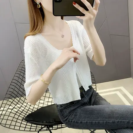 冰丝防晒开衫女夏2023新款女士短款v领小外套薄款空调衫披肩上衣商品大图