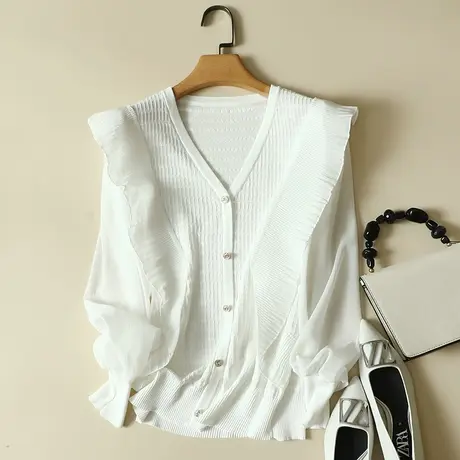 冰丝针织假开衫女春装2024年新款雪纺袖宽松洋气蕾丝打底衫女上衣商品大图