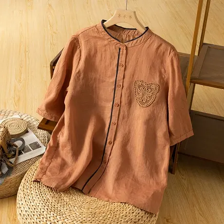 享永子中袖苎麻上衣女文艺复古宽松显瘦气质减龄棉麻漂亮衬衫新款商品大图