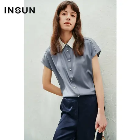 INSUN恩裳线上专选夏季撞色翻领桑蚕丝衬衫图片