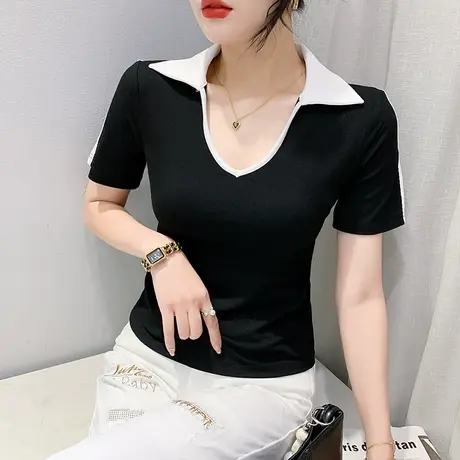 女装2024新款网红拼色T恤短袖夏季时尚POLO小衫洋气高腰紧身上衣商品大图