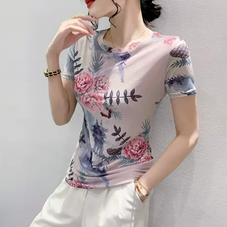 复古气质印花T恤女短袖时尚减龄圆领小衫性感网纱修身百搭上衣夏商品大图